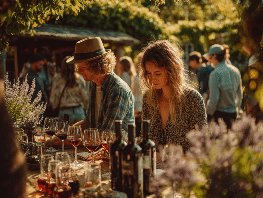 Travelers enjoying an outdoor wine tasting in Tuscany surrounded by vineyards and sunlight