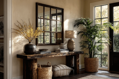 Wooden console table styled with mirror, lamp, and indoor plants in a cozy entryway