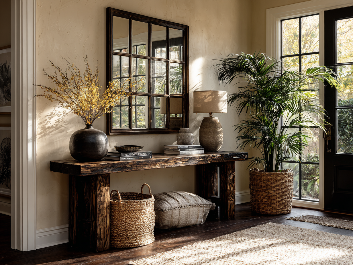 Wooden console table styled with mirror, lamp, and indoor plants in a cozy entryway