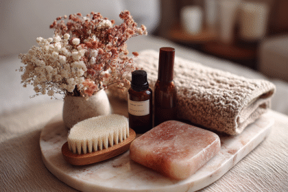 A soft, minimalist spa scene featuring a natural bristle dry brush, amber glass skincare bottles, a pink Himalayan salt bar, a textured towel, and dried flowers arranged on a marble tray — representing elegant and timeless beauty rituals.