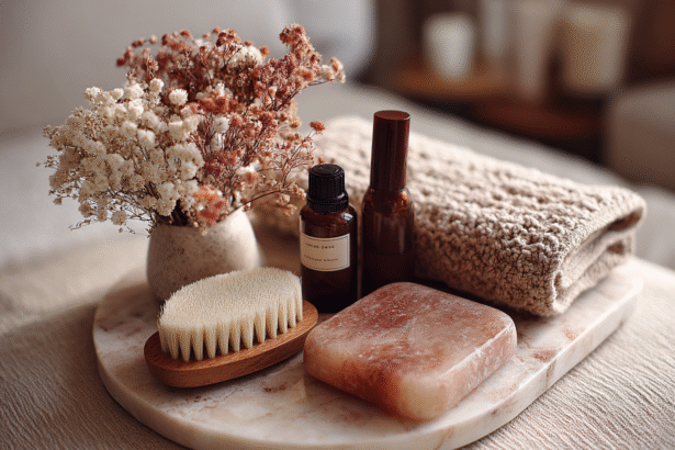 A soft, minimalist spa scene featuring a natural bristle dry brush, amber glass skincare bottles, a pink Himalayan salt bar, a textured towel, and dried flowers arranged on a marble tray — representing elegant and timeless beauty rituals.