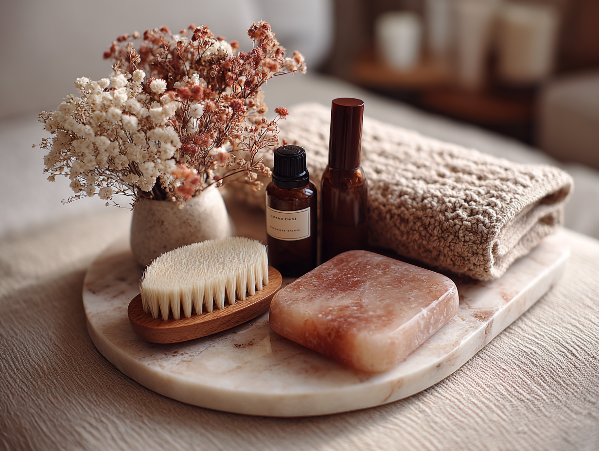 A soft, minimalist spa scene featuring a natural bristle dry brush, amber glass skincare bottles, a pink Himalayan salt bar, a textured towel, and dried flowers arranged on a marble tray — representing elegant and timeless beauty rituals.