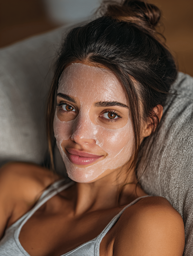 Woman relaxing with a hydrating sheet mask, glowing natural skin, and soft lighting — symbolizing calm, minimalist beauty and at-home skincare rituals.