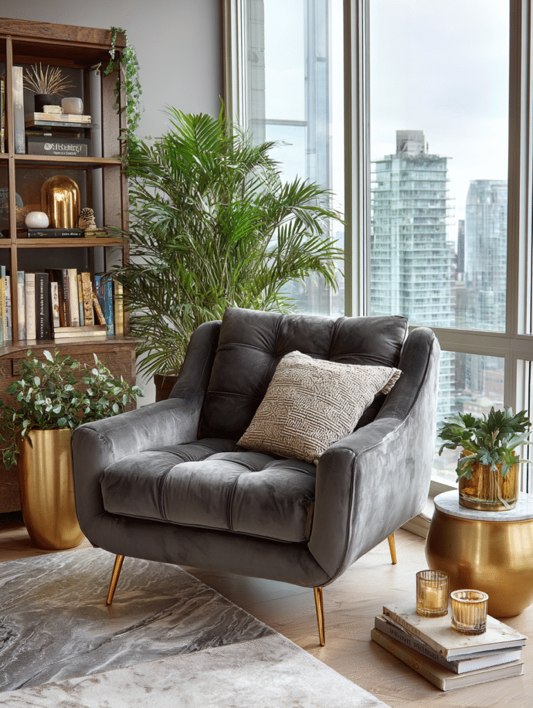 Grey velvet chair styled with chrome lamp and coffee table books — modern calm interior inspiration.