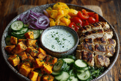 Flat lay of high-protein foods including Greek yogurt, salmon, eggs, lentils, and a protein powder scoop on a clean kitchen counter.