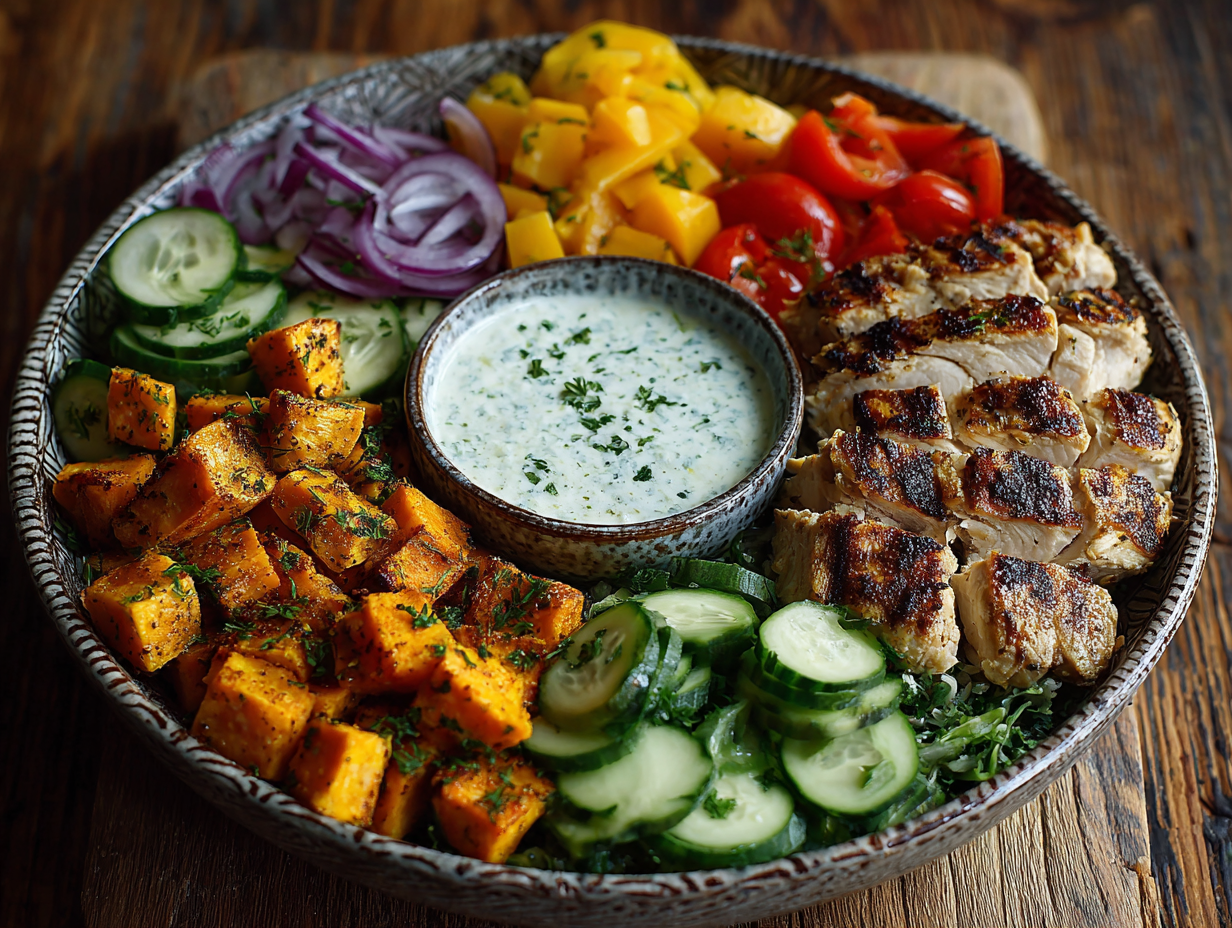 Flat lay of high-protein foods including Greek yogurt, salmon, eggs, lentils, and a protein powder scoop on a clean kitchen counter.