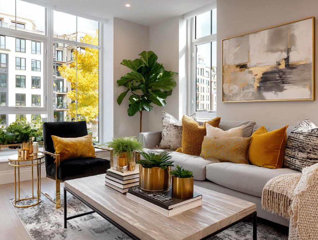 Black velvet chair in modern living room with gold lamp and glass table — contemporary interior design inspiration.