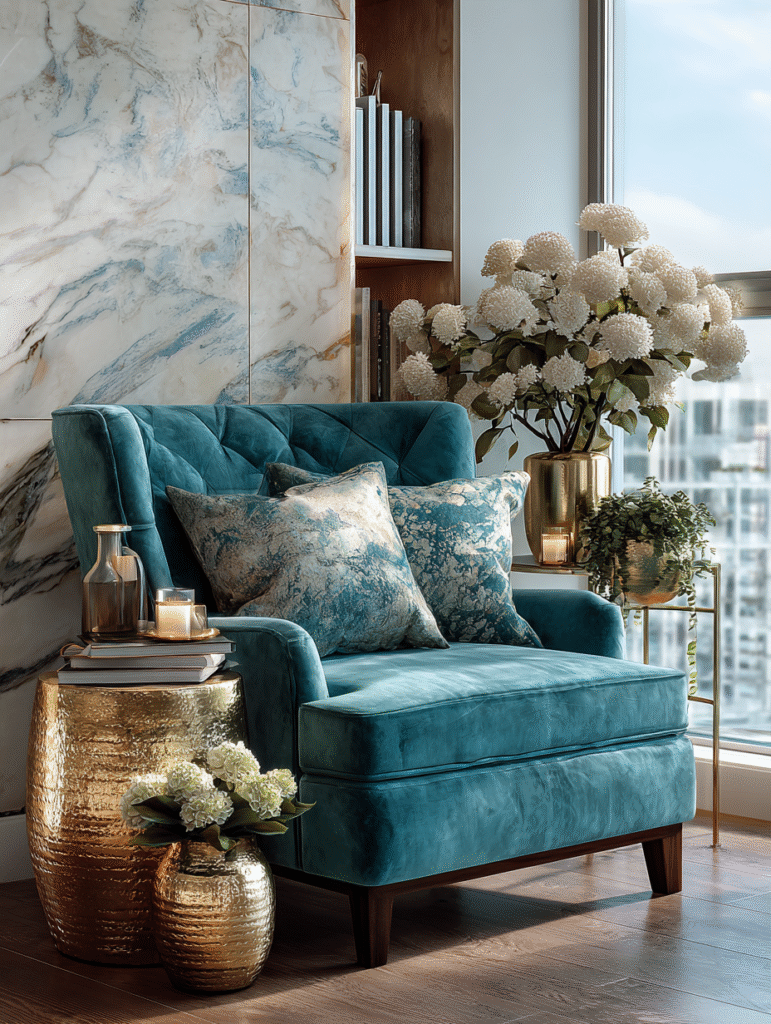 Teal velvet chair with bronze decor and abstract wall art — artistic modern living room styling.
