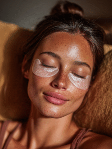 Close-up of a woman resting with under-eye masks applied, glowing natural skin and relaxed expression — representing elegant, effortless skincare.