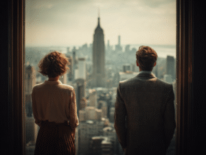 Two entrepreneurs in business attire looking out over a futuristic city skyline, symbolizing ambition and success in the AI era