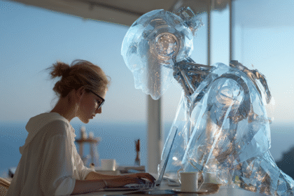 Woman entrepreneur working on laptop with futuristic transparent AI robot beside her