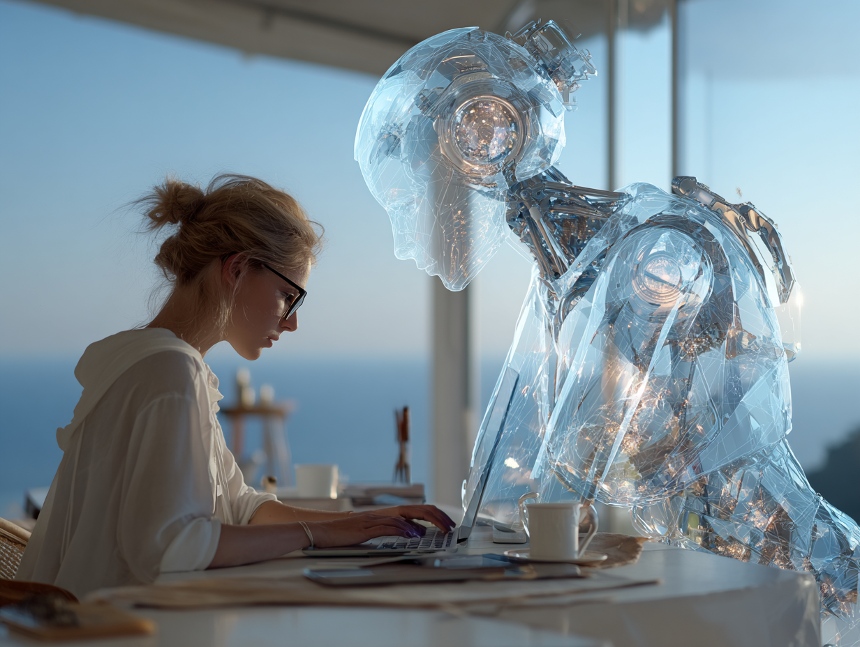 Woman entrepreneur working on laptop with futuristic transparent AI robot beside her