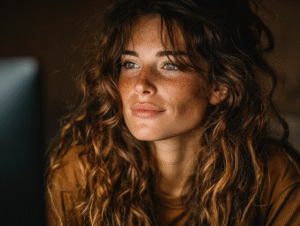 Confident woman looking inward with quiet strength and focus