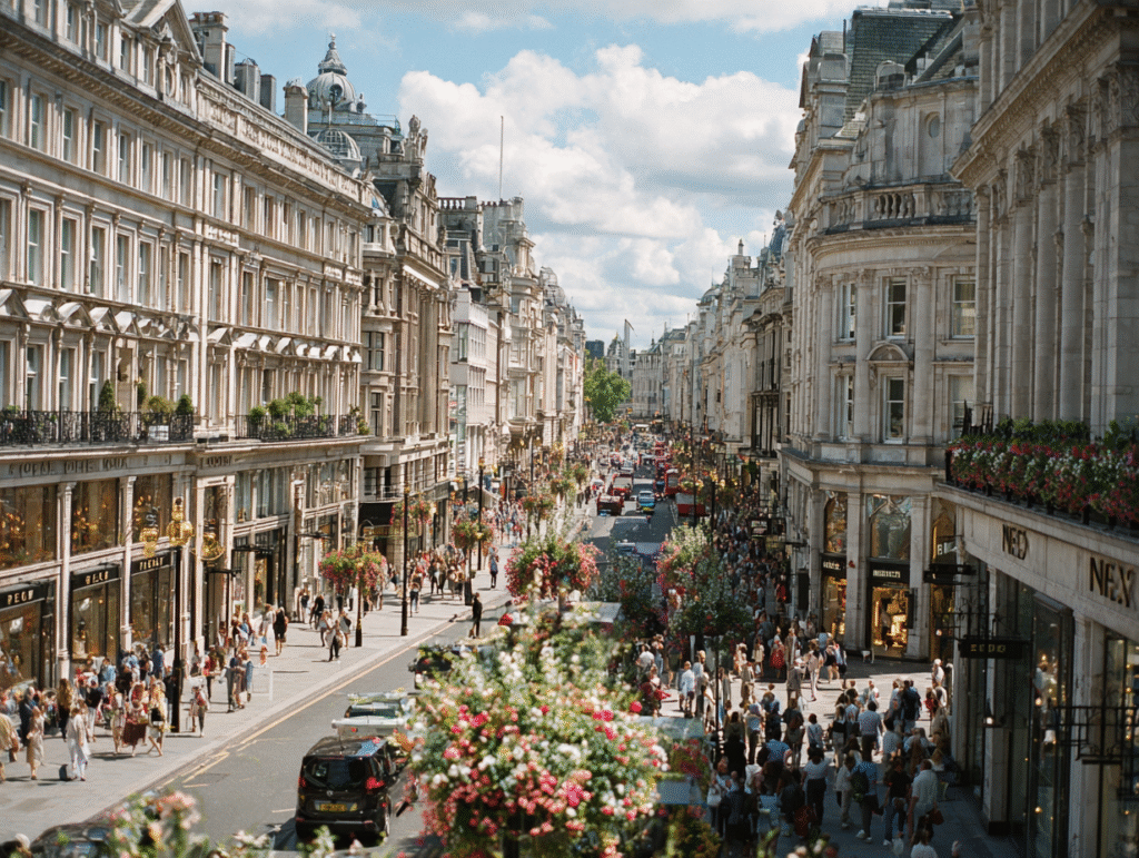 Aerial view of Oxford and Regent Streets in London, filled with stylish shoppers and heritage buildings.