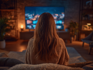 Woman sitting on a sofa watching the softly glowing city lights through a window