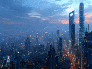 Panoramic view of a glowing city skyline at dusk with tall illuminated towers