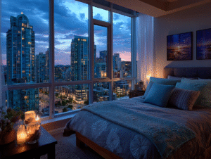 Elegant high-rise bedroom with soft candlelight and panoramic skyline at sunset