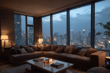 Elegant high-rise living room with soft lamp lighting and panoramic city skyline at night