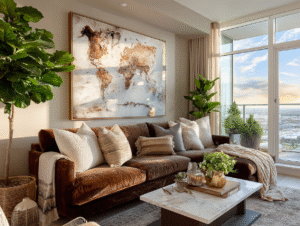 Bright modern living room with golden hour light, styled cushions, marble table, and greenery — influencer-inspired home decor setup.