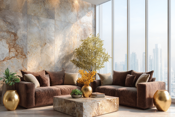 Layered cushions in linen, velvet, and bouclé textures styled on a marble coffee table and velvet sofa — Elegant & Driven design guide.