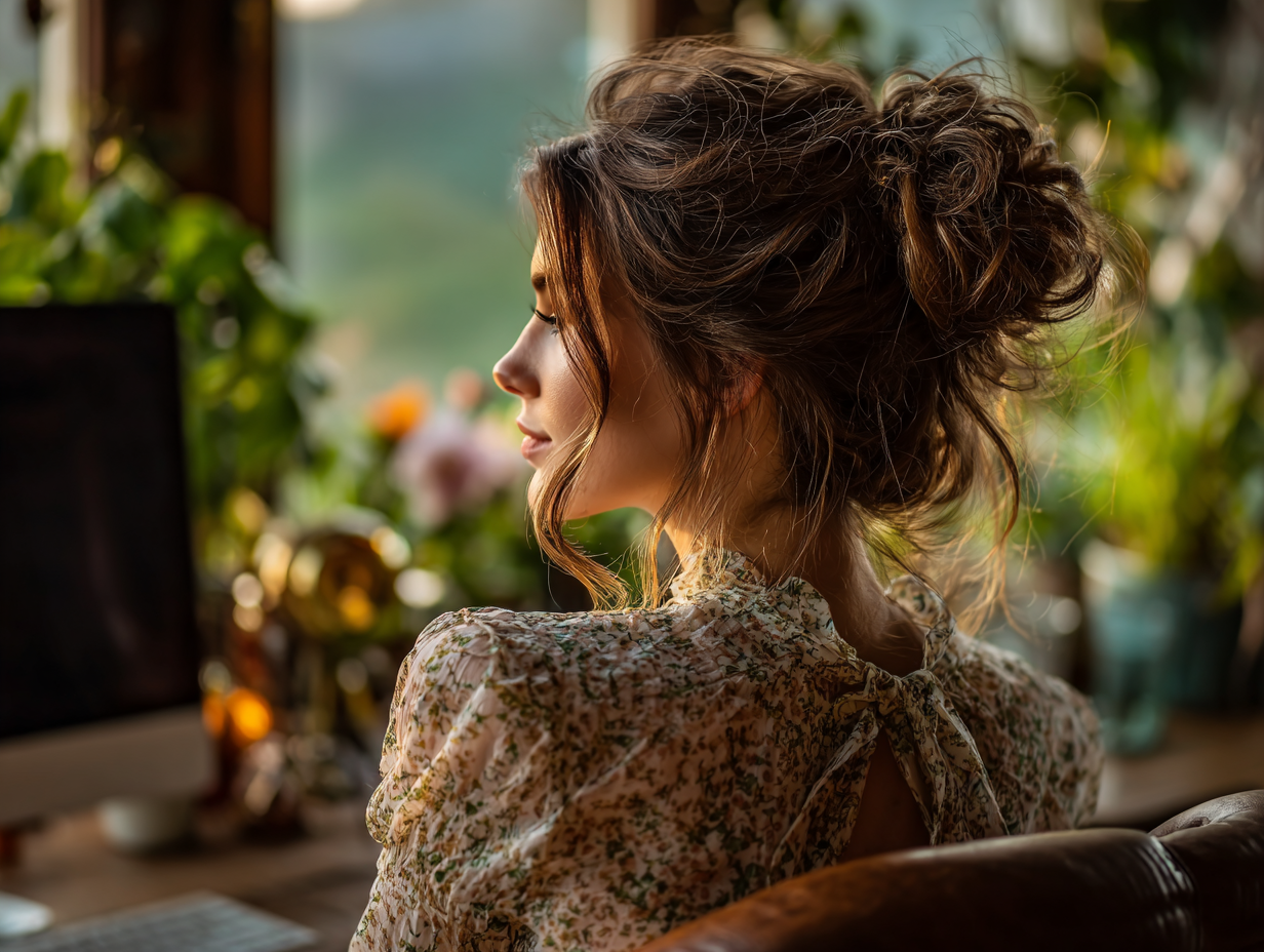 Woman sitting thoughtfully at her desk surrounded by plants, representing digital connection and mindfulness in the modern world.