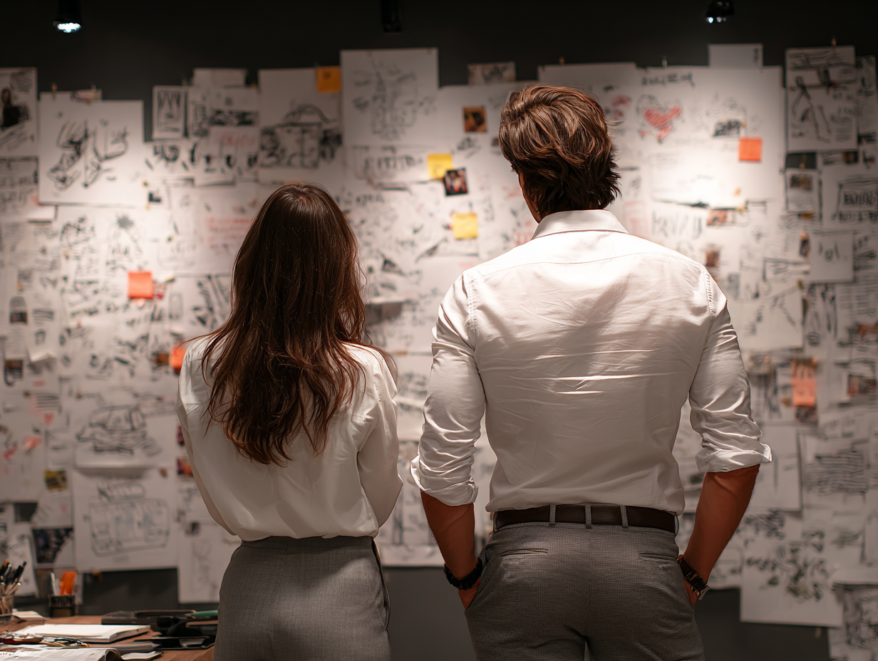 Two professionals reviewing creative plans on a wall, symbolizing emotional intelligence and calm leadership in a workplace.