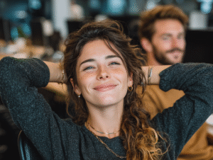 Smiling woman sitting in a bright office, representing emotional fulfillment and confidence built through digital communities.