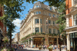 Elegant travelers exploring a European city street filled with culture, shops, and sunshine — representing Expedia’s “Things to Do” experiences.