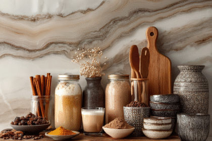 Wellness supplements and natural ingredients like cinnamon, turmeric, protein powder, and honey arranged on a marble kitchen shelf