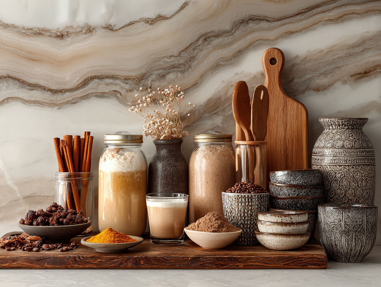 Wellness supplements and natural ingredients like cinnamon, turmeric, protein powder, and honey arranged on a marble kitchen shelf