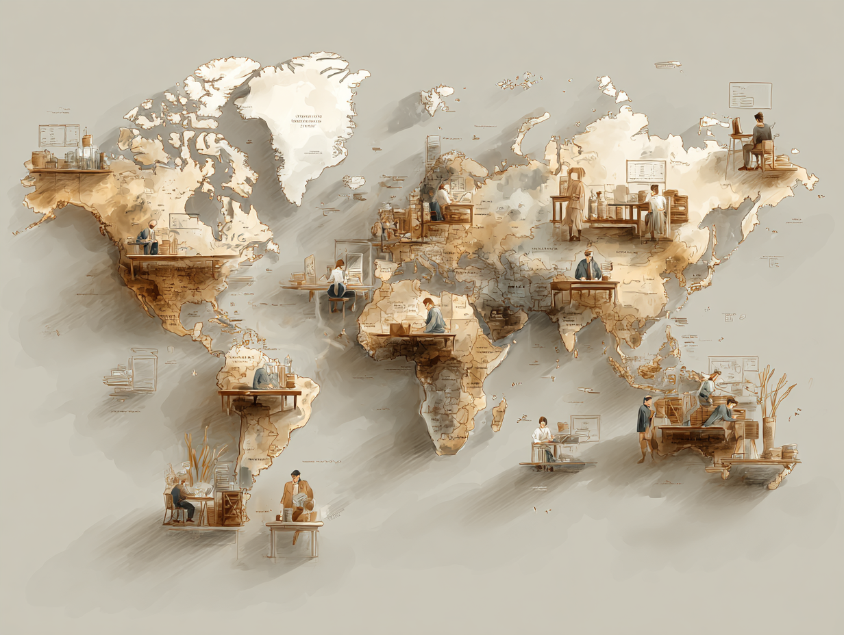 Watercolor map showing global remote workers and freelancers across continents