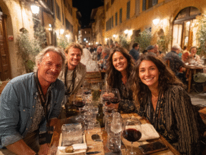A group of travelers enjoying dinner and wine at a cozy outdoor restaurant in Italy, representing Expedia’s “Things to Do” culinary experiences.