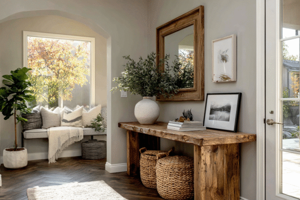 Calm modern entryway with wood console table, mirror, and greenery inviting positive Feng Shui energy