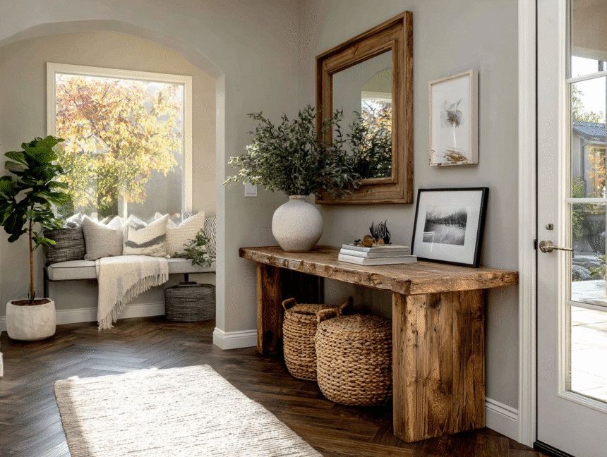 Calm modern entryway with wood console table, mirror, and greenery inviting positive Feng Shui energy
