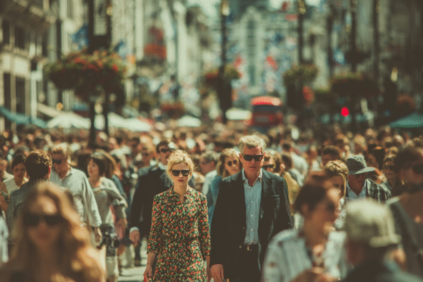 Crowded Oxford Street in London filled with stylish pedestrians and shoppers under bright sunlight.