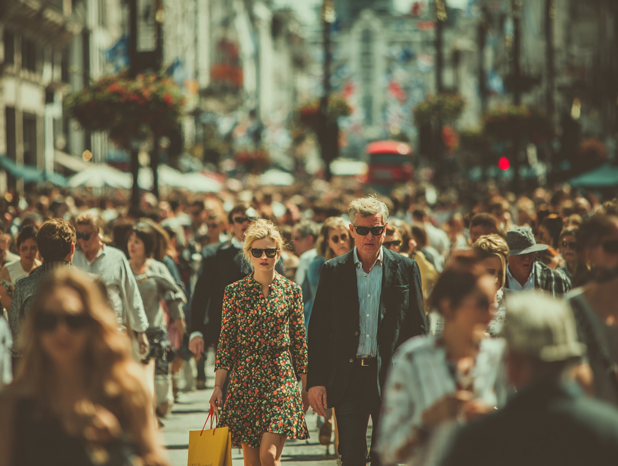 Crowded Oxford Street in London filled with stylish pedestrians and shoppers under bright sunlight.