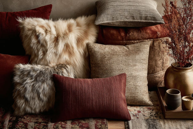 Luxury cushions styled in warm earth tones — faux fur, velvet, and linen textures paired with a gold vase and neutral decor. Elegant & Driven’s Luxury Cushions Edit.