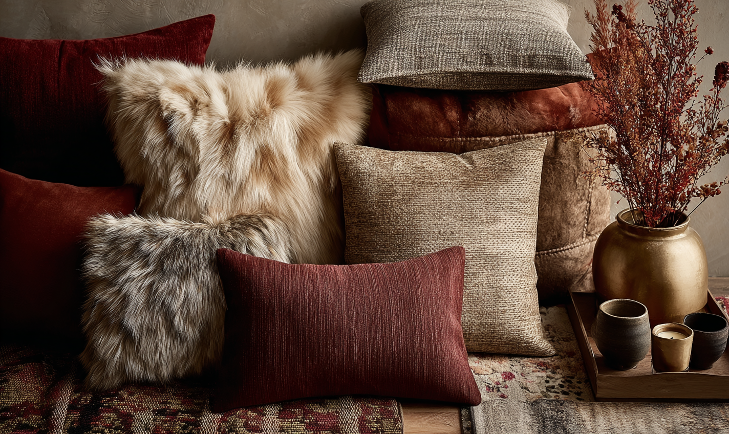 Luxury cushions styled in warm earth tones — faux fur, velvet, and linen textures paired with a gold vase and neutral decor. Elegant & Driven’s Luxury Cushions Edit.