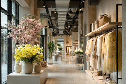 Elegant Mango Premium store interior with neutral-toned garments, structured coats, and floral arrangements showcasing elevated high street fashion.