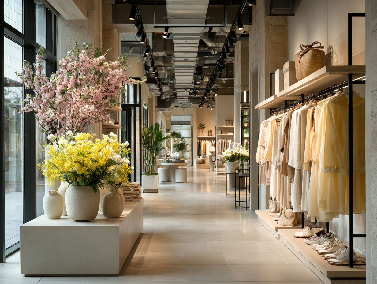 Elegant Mango Premium store interior with neutral-toned garments, structured coats, and floral arrangements showcasing elevated high street fashion.
