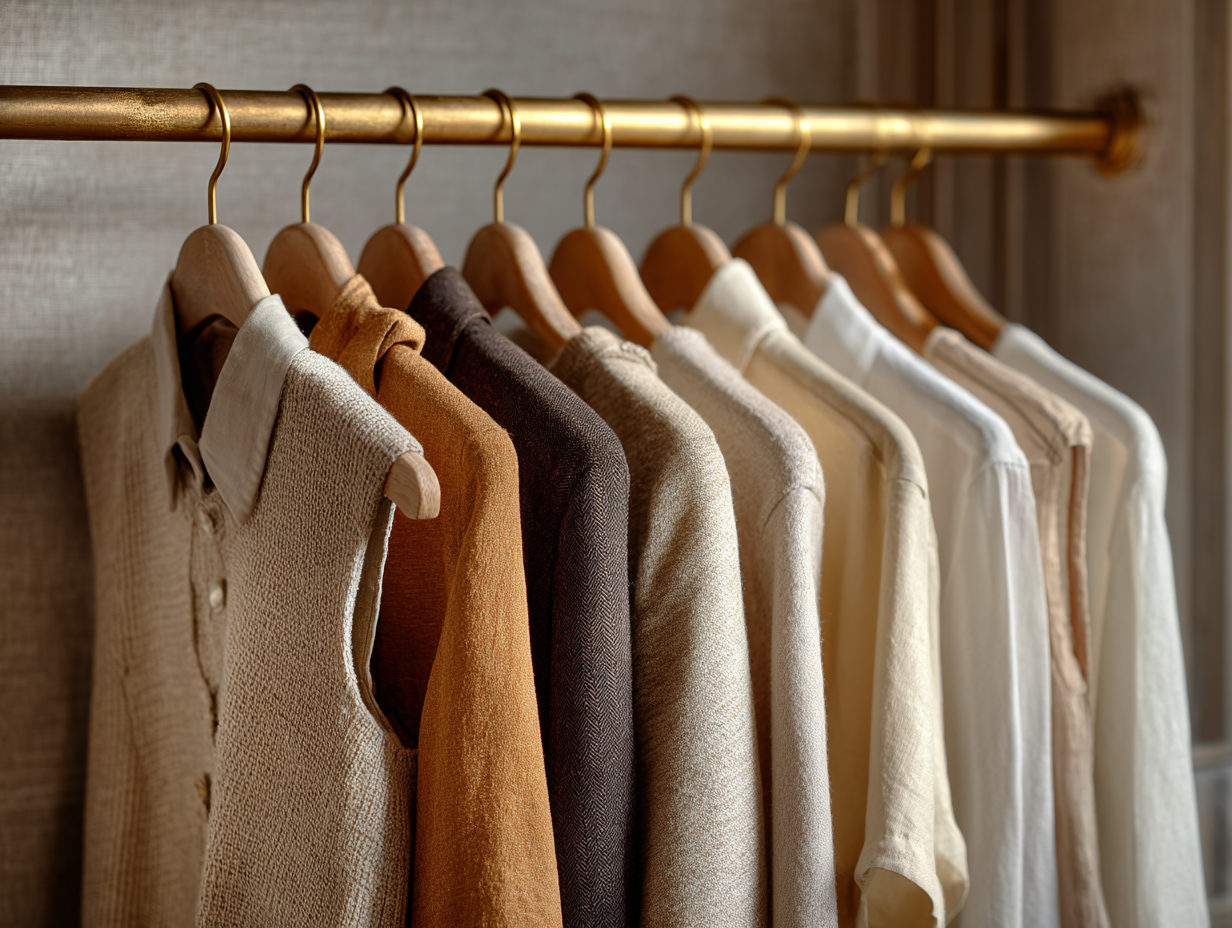 Close-up of Mango Premium clothing rack featuring neutral tones, rich textures, and high-quality fabrics like wool and tweed on wooden hangers.