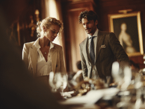 Elegant man and woman dressed in Mango-style tailored clothing, standing in a refined, wood-paneled room suggesting quiet luxury and professional elegance.