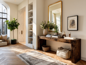 Gold-framed mirror above a rustic wood console table in a bright entryway with books, artwork, and natural light.