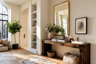 Gold-framed mirror above a rustic wood console table in a bright entryway with books, artwork, and natural light.