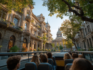 Open-top bus passing through a sunlit historic city street with passengers admiring the view of grand architecture and trees.