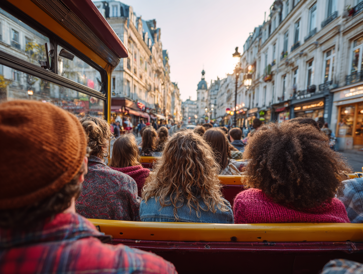 People enjoying an open bus tour through a lively city street at sunset.