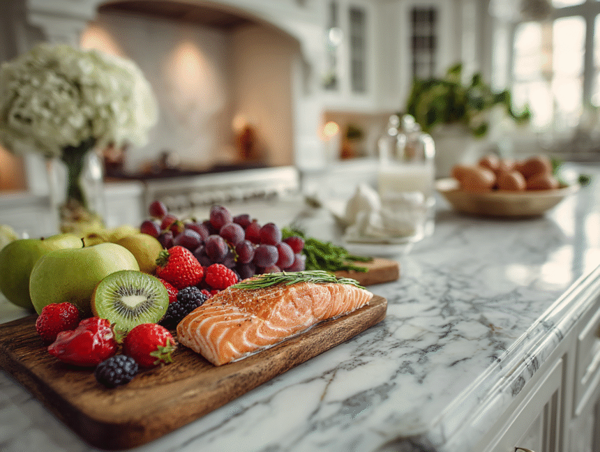 Fresh salmon and colorful fruits on a marble kitchen counter — high-protein and high-fiber meal inspiration.