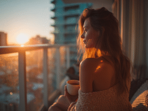 Woman with a warm drink gazing into the sunrise, lost in thought