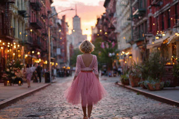 Woman in a pink tulle skirt walking down a cobblestone street at sunset — symbolizing fearless self-expression and the romantic spirit of personal style.