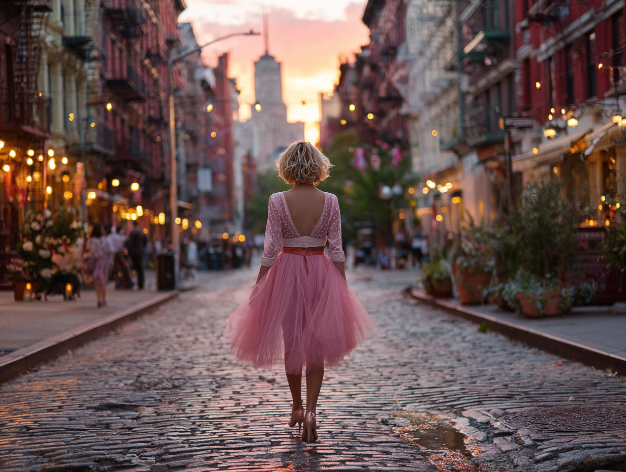 Woman in a pink tulle skirt walking down a cobblestone street at sunset — symbolizing fearless self-expression and the romantic spirit of personal style.